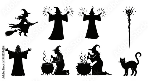 Halloween Witchcraft Silhouettes: Cat, Broom, Cauldron, Staff, Magic