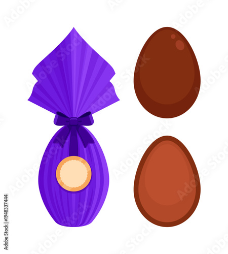 Set of Brazilian and Italian style Easter eggs wrapped in shiny purple foil with a bow. Uova di Pasqua tradition, Latin Easter gift confectionery, holiday, sweets mockup