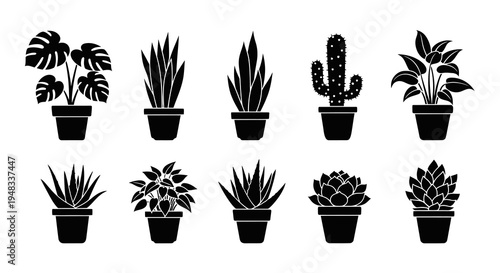 Black and White Silhouette Potted Houseplants Vector Collection