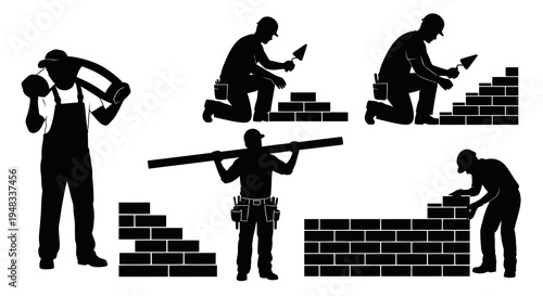 Black Silhouette Construction Workers Building Brick Wall, Flat Style