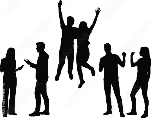 Six illustrated silhouettes of people in dynamic poses, jumping, gesturing, and interacting, symbolizing celebration, teamwork, social engagement, expressive movement