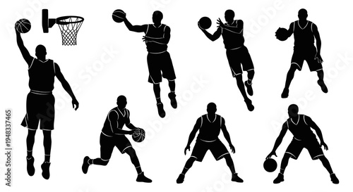 Black Silhouette Basketball Players Dunking, Shooting, Dribbling Vector
