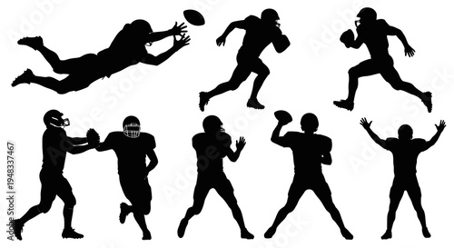 Football Player Silhouettes - Action Poses in Black and White Vector Art