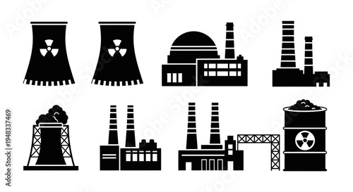 Nuclear Power Plant Icons: Cooling Towers, Factory, Industry, Glyph