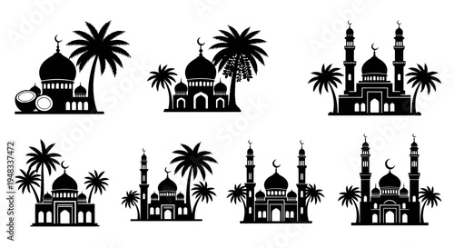 Black  White Islamic Mosque Building with Palm Trees Vector Silhouettes