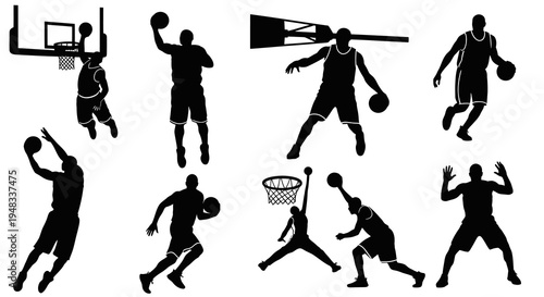 Black  White Silhouette Basketball Players on White Background
