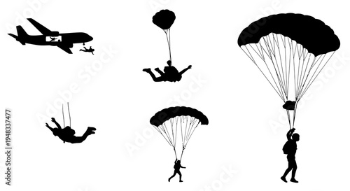 Black  White Silhouette of Skydivers Parachuting from Airplane