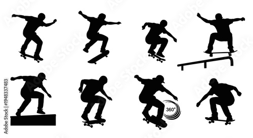 Skateboarder Silhouettes: Action Sports, Urban Lifestyle, Dynamic Poses, Vector Art