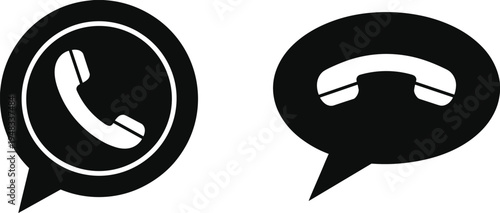Black and white communication icons featuring phone call symbols in speech bubbles, representing digital messaging, voice calls, mobile apps, and modern telecommunications design projects.