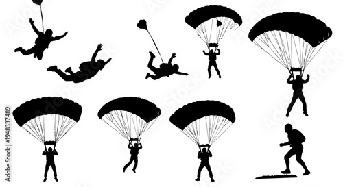 Black  White Silhouettes of Skydivers in Various Poses, Parachuting, Skydiving