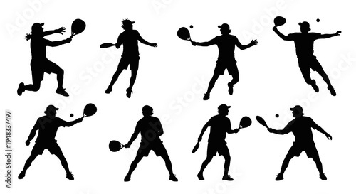 Tennis Player Silhouettes in Action - Black and White Sports Vector Art