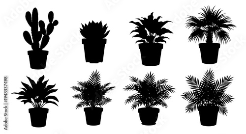 Black Silhouette Potted Houseplants Collection, Vector Art