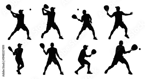 Silhouette of paddle tennis players in action, sports illustration, black and white