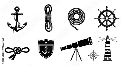 Nautical Vector Icons: Anchor, Rope, Ship Wheel, Lighthouse, Telescope, Compass, Knot, Shield