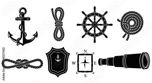 Nautical Black  White Vector Icons: Anchor, Rope, Ship Wheel, Compass, Spyglass