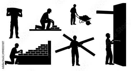 Construction worker silhouettes: bricklaying, carrying materials, wheelbarrow