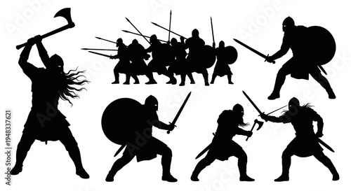 Black and White Silhouette of Vikings Warriors Fighting with Axe and Sword