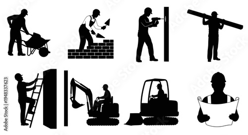 Construction worker silhouettes, diverse building site actions, glyph icons