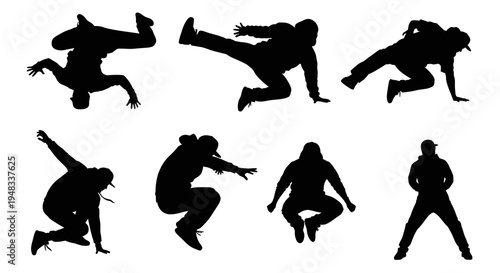 Silhouette Breakdance Dancers Performing Athletic Moves, Black  White Graphic