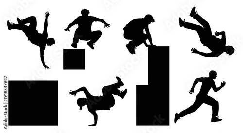 Parkour Silhouettes: Action, Movement, Urban Sports, Black  White Vector
