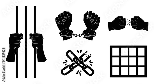 Black and White Icons Set: Jail Bars, Chains, Breaking Free, Prison Cell