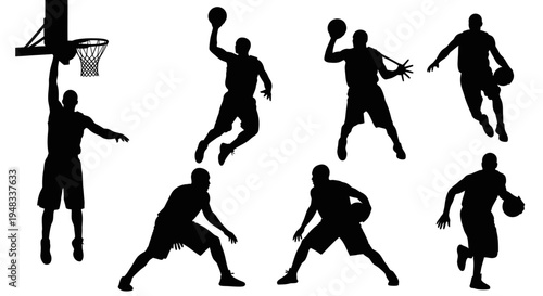 Basketball Player Silhouettes: Action Poses, Dunking, Dribbling, Sports Art