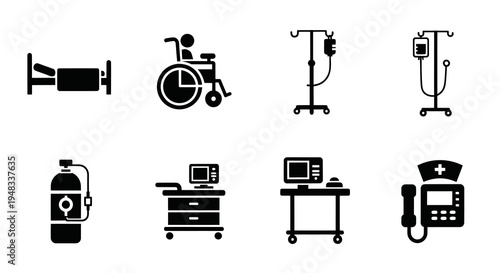 Medical Equipment Icons: Bed, Wheelchair, IV Stand, Monitor, Oxygen