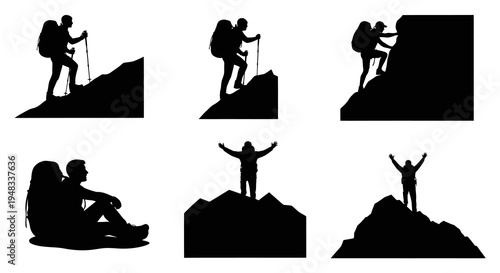 Black Silhouette Hikers Climbing Mountains and Celebrating Success