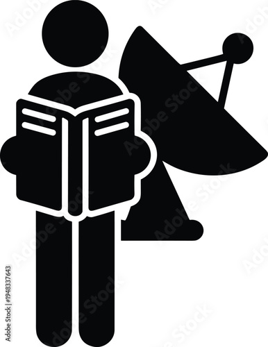 Black and white icon of person reading book with satellite dish, symbolizing knowledge, communication, science, technology, education, research, and information exchange for modern design projects.