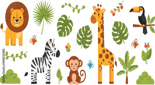 Cute Jungle Animals Vector Illustration Set Featuring Lion, Giraffe, Zebra, Monkey, and Toucan with Tropical Leaves for Wildlife Nature Graphics.