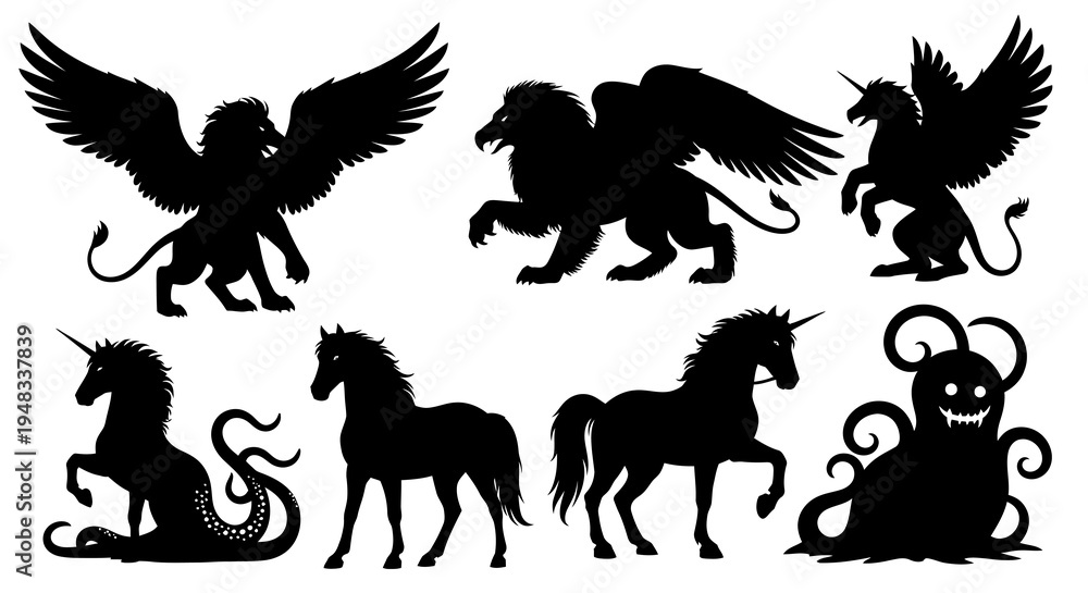 Obraz premium Fantasy Creature Silhouettes: Gryphon, Unicorn, Kraken Icons