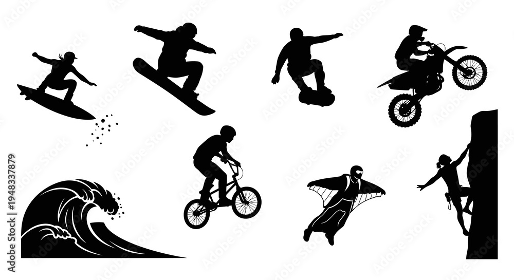 Obraz premium Silhouette extreme sports: surfing, snowboarding, BMX, motocross, wingsuit, climbing