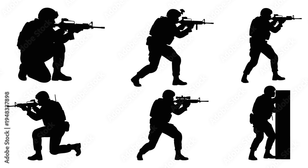 Obraz premium Silhouette Soldiers with Rifles, Combat Poses, Military Action Vector Art