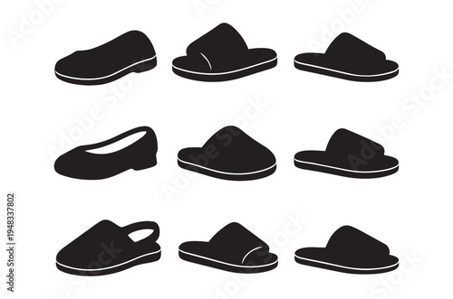 Black and white silhouettes of various styles of indoor slippers
