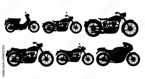 Black  White Silhouettes of Various Motorcycles and Scooters