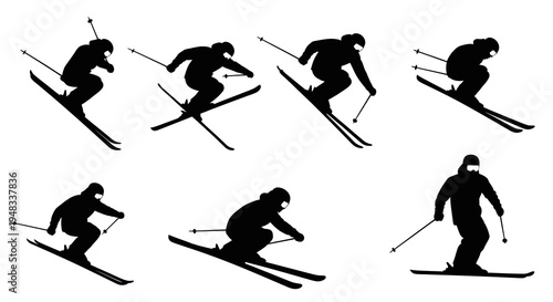 Black Silhouette Skiers in Various Poses, Winter Sports Vector Art