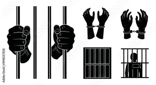 Black  White Illustration of Prison Bars, Handcuffs, and Prisoner