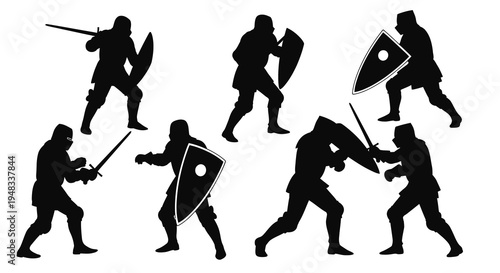 Black and white knights in armor with swords and shields