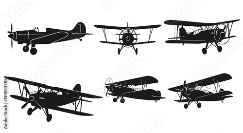 Vintage Biplane and Monoplane Silhouettes - Aviation History