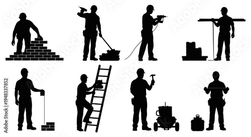 Construction worker silhouettes: bricklaying, drilling, carrying beams, and more