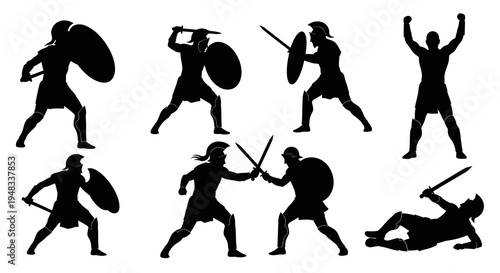 Black Silhouette Ancient Roman Warriors Fighting With Swords and Shields