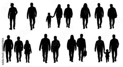 Silhouette of people walking, family, man, woman, child, outdoor activity