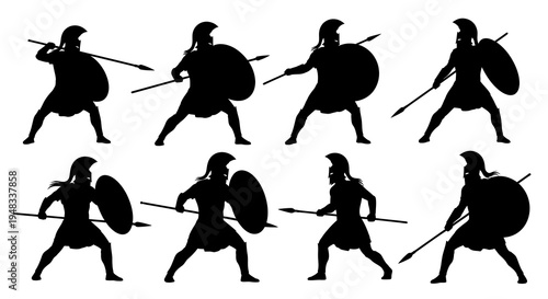 Ancient Greek Warrior Silhouette with Shield and Spear, Vector Art