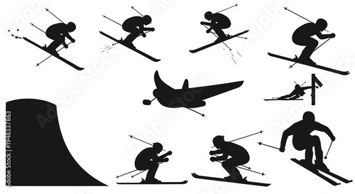 Skiing Silhouettes Black  White Vector Art Set - Winter Sports