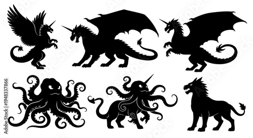 Mythical Creature Silhouettes: Dragon, Unicorn, Kraken, Griffin - Vector Art