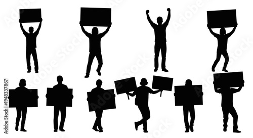 Black Silhouette of Protestors Holding Signs, Flat Style