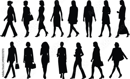 Black silhouette icons of fifteen women in stylish outfits and walking poses, symbolizing fashion, lifestyle, posture, and elegance for design and creative projects.