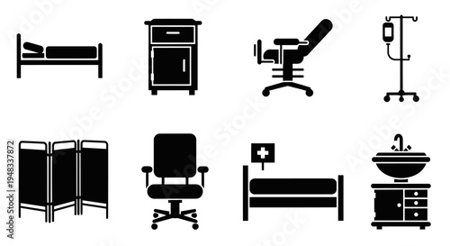 Medical Equipment Icons: Bed, Chair, IV Stand, Sink, Cabinet, Screen, Glyph