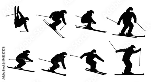 Skiing Silhouettes: Action Poses of Winter Sport Athlete in Black and White