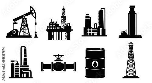 Black  White Icons: Oil Industry - Pumpjack, Refinery, Rig, Barrel, Valve